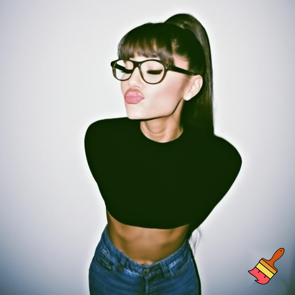 ariana grande with bangs with a black crop top with jeans with glasses posing in a white wall ,2017 quality ,grainy aesthetic posing ,she is doing the kiss lips pose ,realistic, close up 