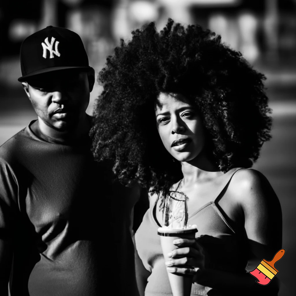 Kelis with a voluminous curly brown hair Afro wearing a orange camisole holding a Milkshake and Nas is wearing a ny hat and a t shirt Black and white image of Kelis and Nas 