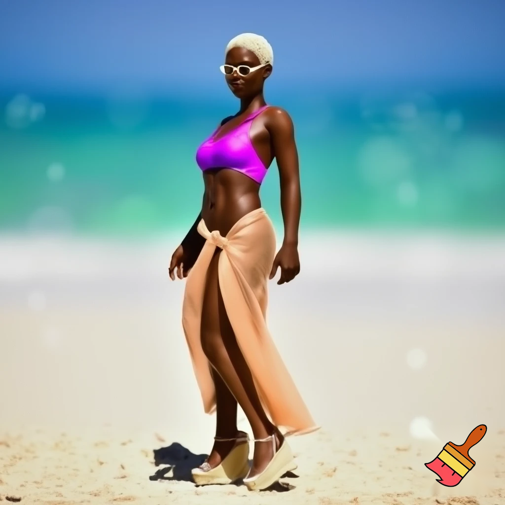 Sexy woman with a pearl blonde pixie cut wearing rimless sunglasses, a bikini, a sarong and espadrille wedges 