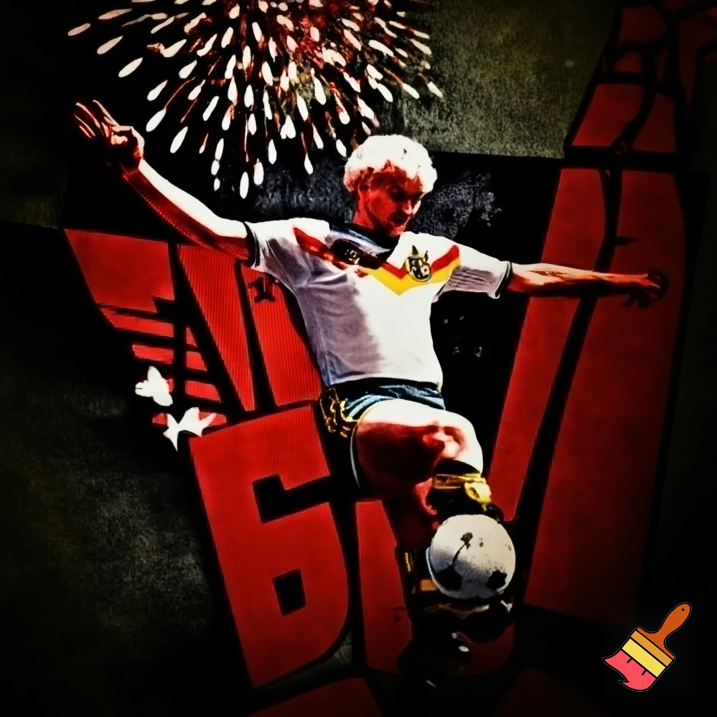 Show German football star Rudi Völler on a marketing campaign poster that has the aesthetics of a soviet poster rooting for "fireworks for all people instead of profits"