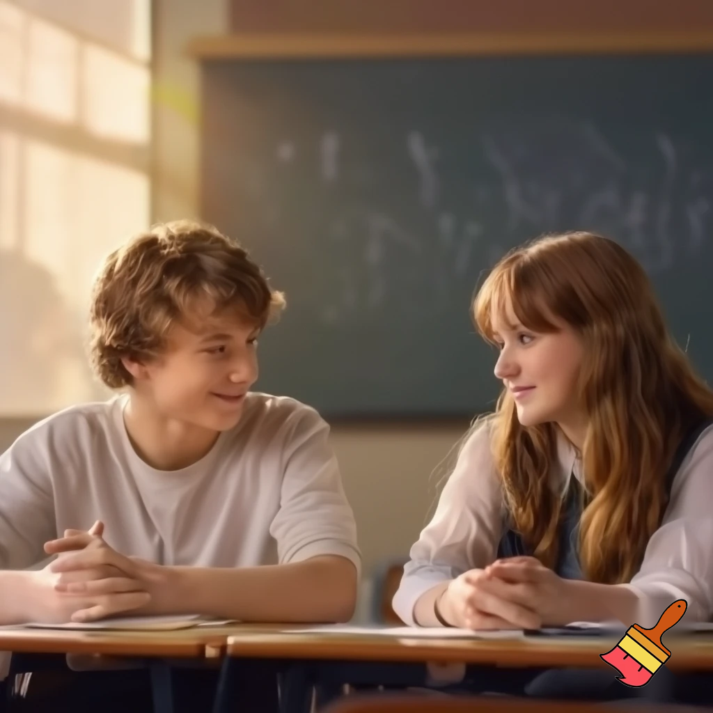 “A teenage boy sitting close with his girlfriend inside a classroom, both smiling softly, holding hands under the desk, blackboard behind them with chalk notes, soft sunlight coming from window, romantic but innocent school romance moment, aesthetic cinematic photography, natural color tones, depth of field background blur, ultra realistic 4K, Sony A7 photo style.”