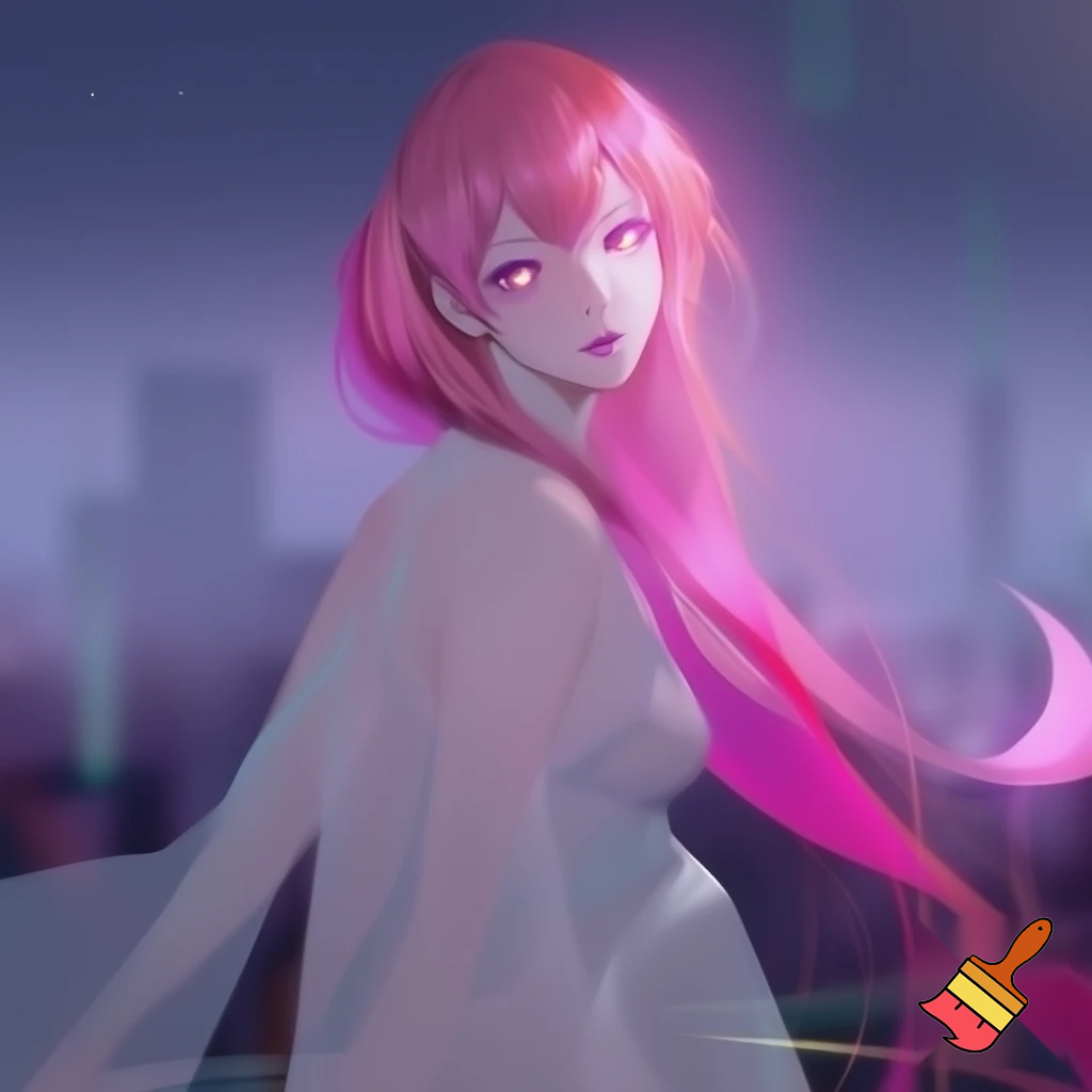 Anime  girl with long pink hair, curves, ghost outfit, glowing eyes