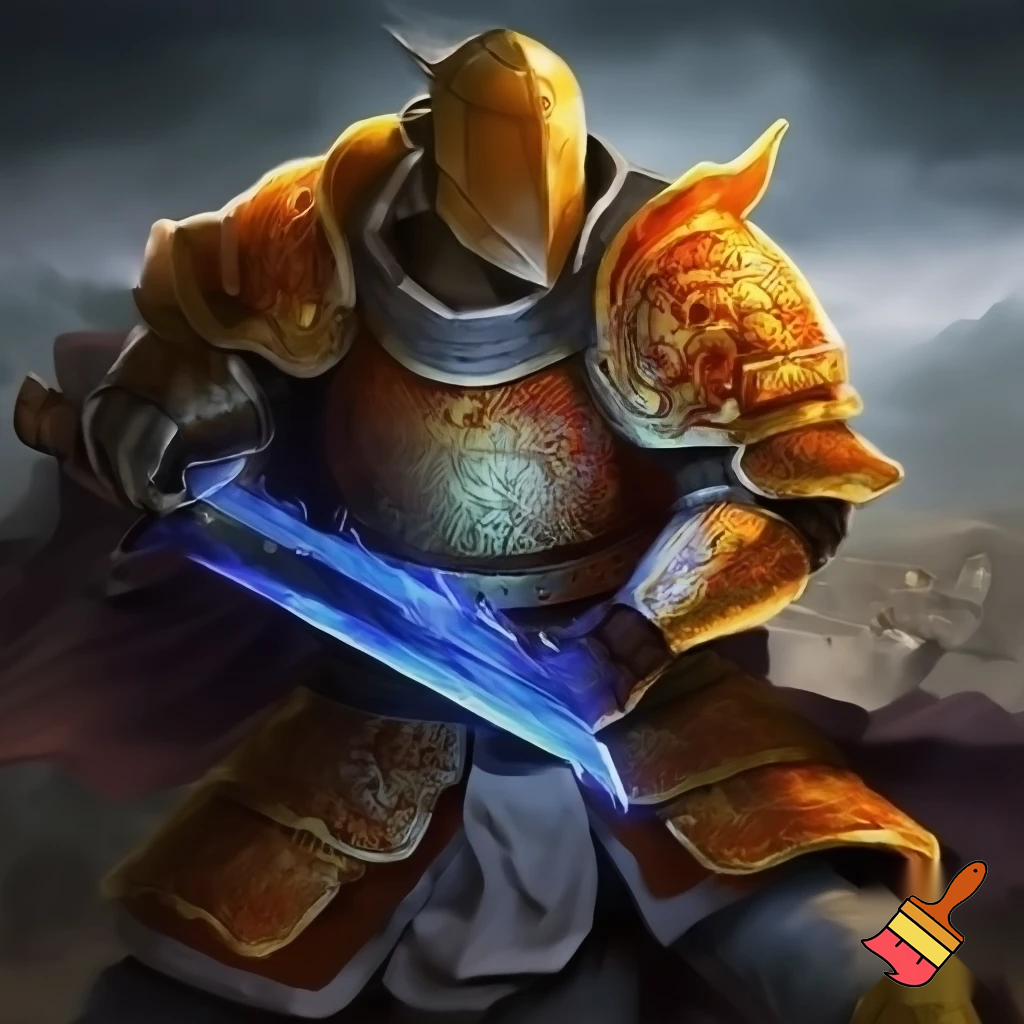 Golden orange paladin. Chinese style armor. Closed helmet. Dynamic stance. Glowing blue sword. High quality. In the style of dungeons and dragons.