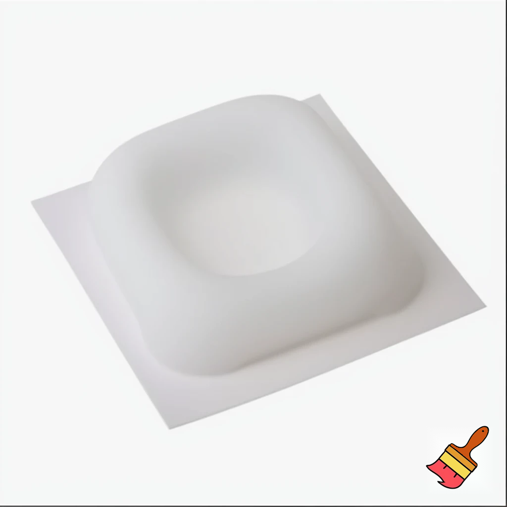 Imagine a flexible, gel-like bowl placed on top of a square piece of paper. The bowl’s material stretches and conforms perfectly to the square edges and corners of the paper, creating a smooth, dome-like shape. The bowl’s surface molds seamlessly to the square outline, resulting in a perfectly fitted, stretched, square shaped dome-like appearance.