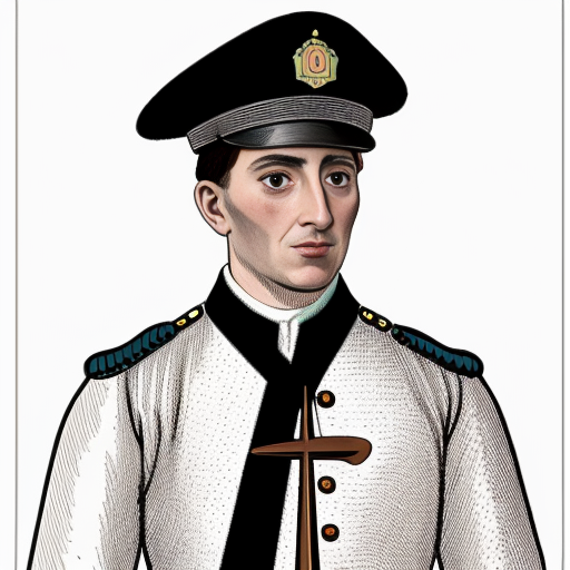 Illustration of a constable (alguacil) from 17th century Spain.
Authority figure, simple uniform, serious expression.
Holding a staff or symbol of justice.
Classic old illustration style.
White background for infographic.

