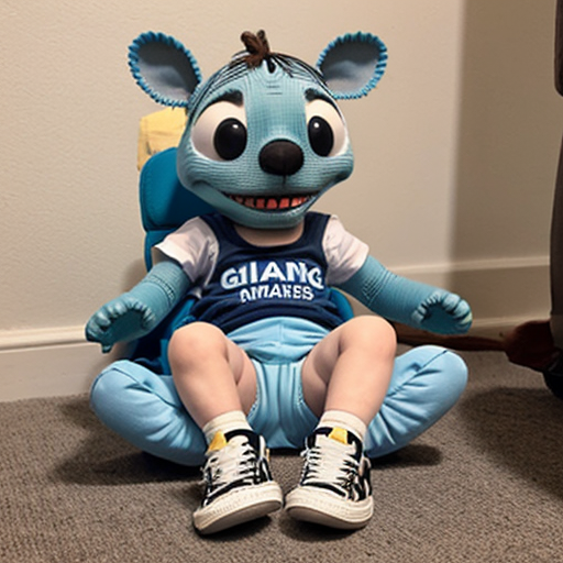 Stitch as a giant sitting down wearing his diaper and sneakers 