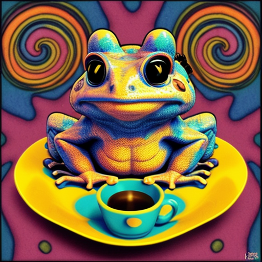 A hillarious, funny boho toad with some hippie colored coffee cups. Psychedelic decorated background.