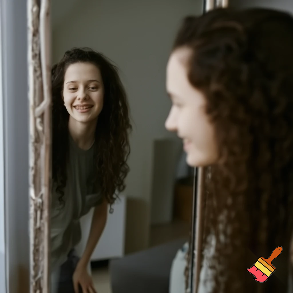 A slim twentyone year old woman with pale skin and dark brown long curly hair, depicted from head to toe, watching herself happily in a mirror.