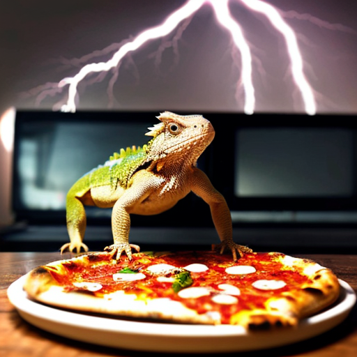 A bearded dragon, eyes fully white with thunder coming out of them, levitating menacingly with pizza in the back round levitating as the lizard flies.