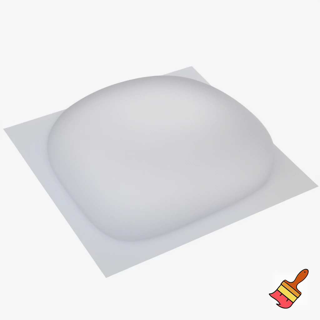 Imagine a flexible, gel-like bowl placed on top of a square piece of paper. The bowl’s material stretches and conforms perfectly to the square edges and corners of the paper, creating a smooth, dome-like shape. The bowl’s surface molds seamlessly to the square outline, resulting in a perfectly fitted, stretched, square shaped dome-like appearance.