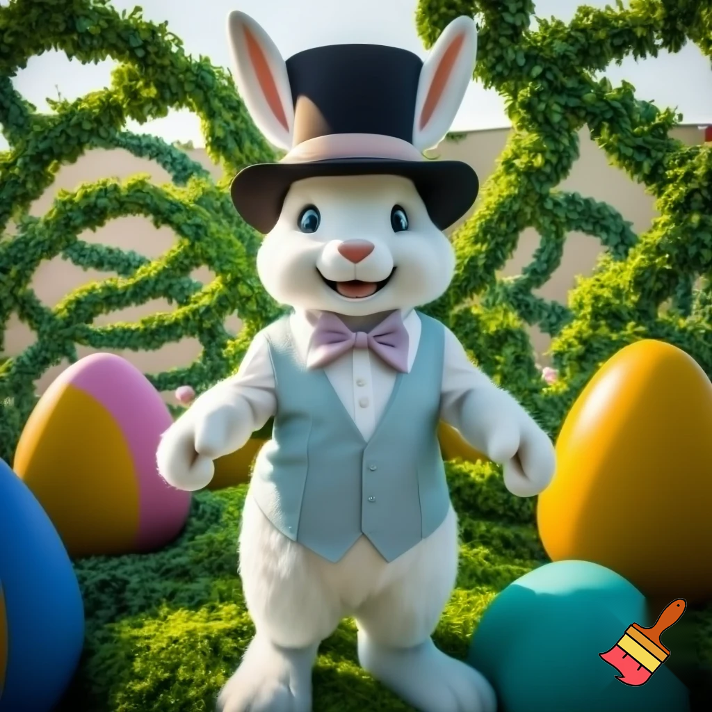 Easter bunny mascot with the top hat costume Easter bunnies maze house