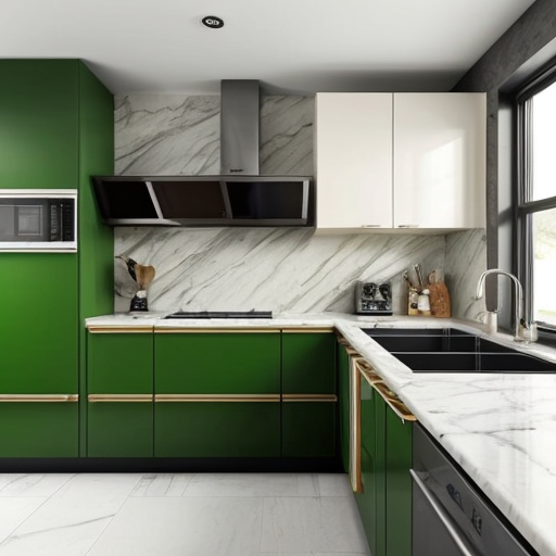 Create me a kitchen with a white marble surface and green kitchen cabinets
