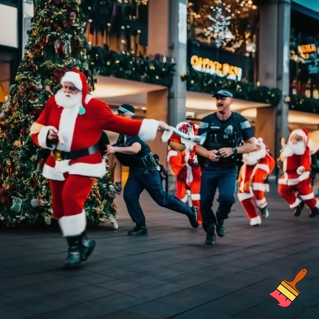 Santa Claus dancing shopping Centre walking Australian magic walking stick walking stick star running outside of the shopping centre on the Christmas tree  policeman are running the two naughty Santa Claus the two good Santa Claus and the naughty one
