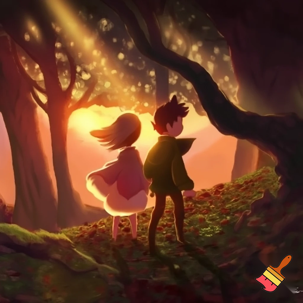 Two kids one girl one boy back to back in a sunset forest