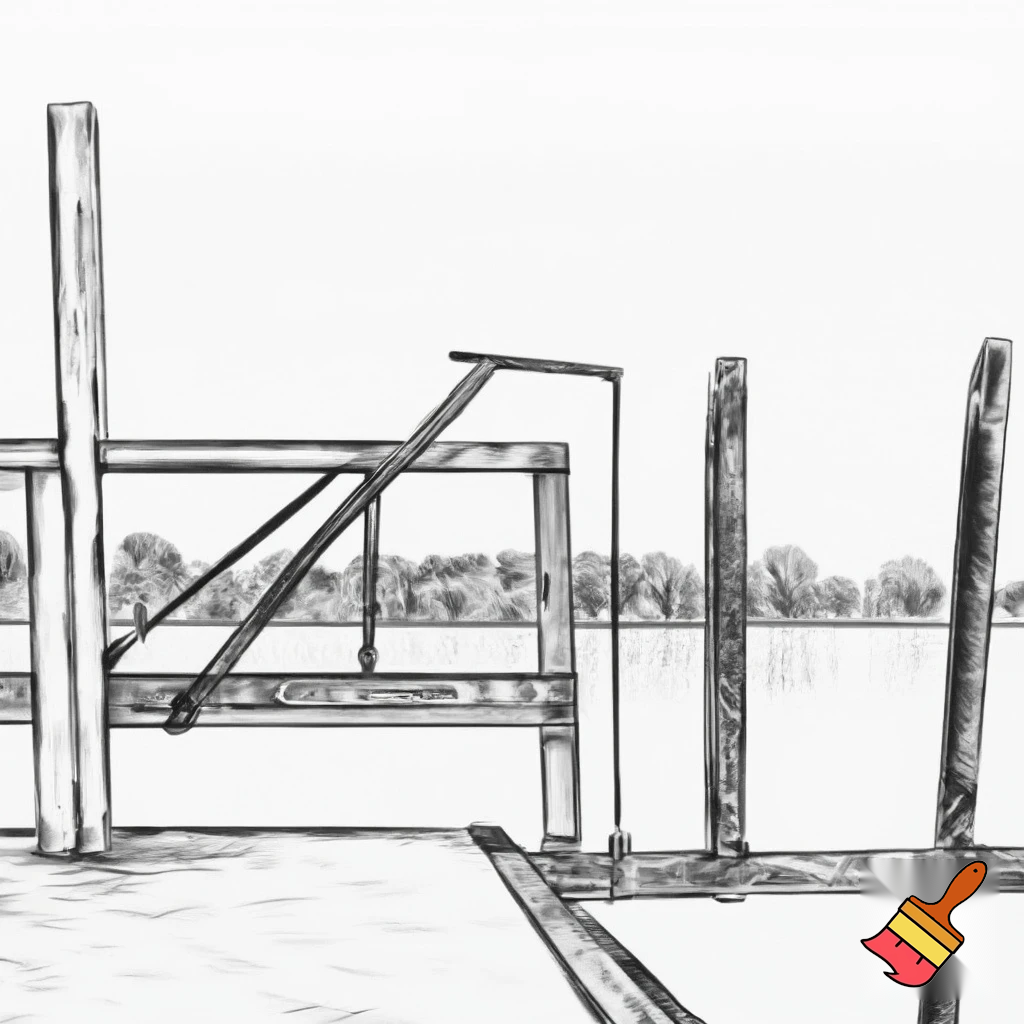 A construction sketch of a dock with railings and a T shaped end over the water 