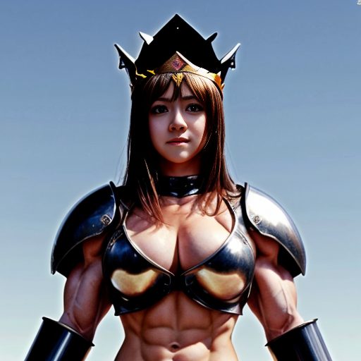 cute anime girl, huge muscles, she is a knight, she wears metal gauntlets, metal greaves and shoulder pads, she has a breastplate, her defined abs are exposed as well her upper arms, she has a tiara that has crown features
