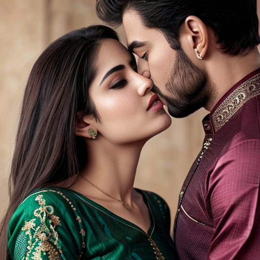 A adult girl wear green shalwar kamiz with adult boy in without  shirt kissing  