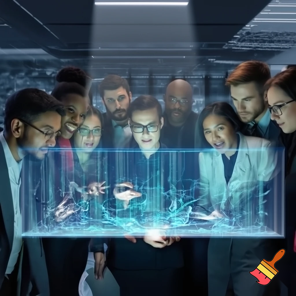 Can you generate an artwork of a team (10 people) that works with data facing challenges and taking decisions?