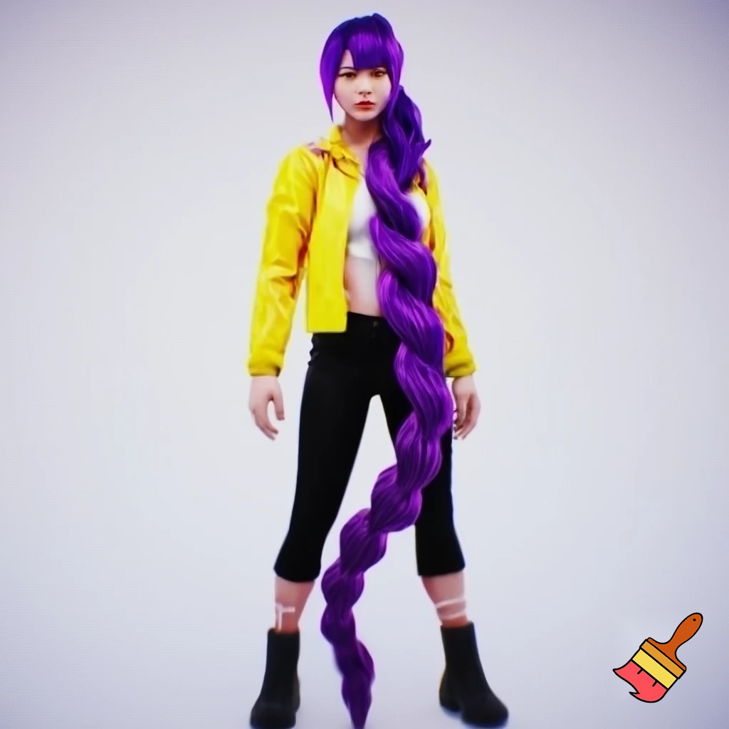 rumi, the main character in the animated film KPop Demon Hunters, is described as a slim and athletic young Korean woman in her early twenties. Her physical description in the film is highly stylized to reflect K-pop idol beauty standards, but the character design also emphasizes her strength and agility as a demon hunter. ties, reconciling her dual nature and the markings that appear on her skin. The hair is a vibrant, brilliant purple (often described as lavender or lilac in fan discussions). Unlike the demon patterns on her body which change color, the purple hair is a static feature that she has had since childhood, suggesting it is a natural result of her half-demon heritage rather than dye.
Style: Her hair is typically styled in a very long, high-swept braid that reaches down to her calves or even ankles. The specific braiding technique is most often a dragon braid or pull-through braid, which gives it a voluminous, segmented, and rope-like appearance that can whip around dramatically during fight scenes. with a yellow jacket and a white top and black pants  short and black boots