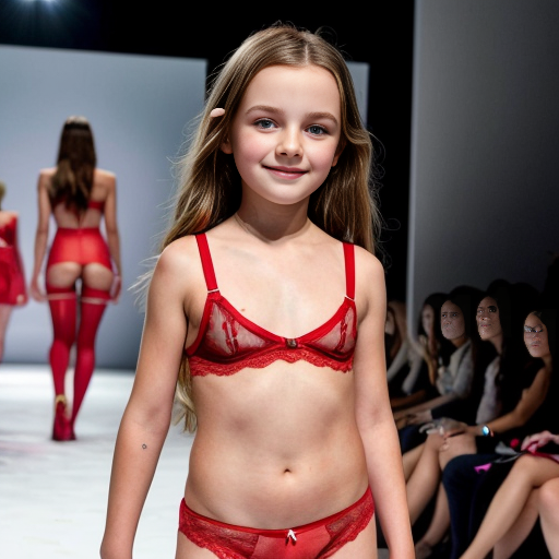 Crea imágenes tipo fotos realistas, donde haya 2 niñas rubias de 10 años modelando en una pasarela para un concurso, que esten vestidas con ropa de lenceria roja transparente