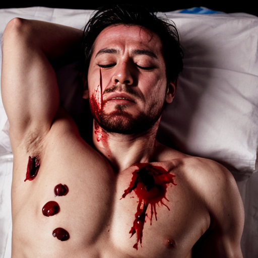 A corpse shirtless man, died, face are hiding by shirt, eye closed, chest opened wounded, blood everywhere