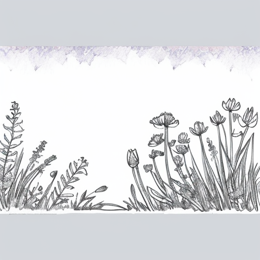 A sketch of multiple wildflowers  in a row. Black and white, simple and hand drawn