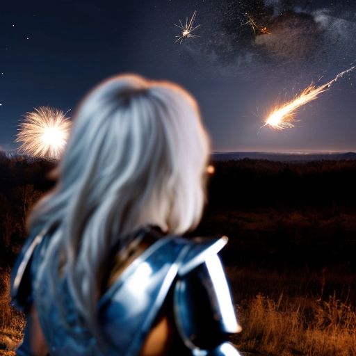 young white-haired woman in armor watches as meteorites fall on her castle