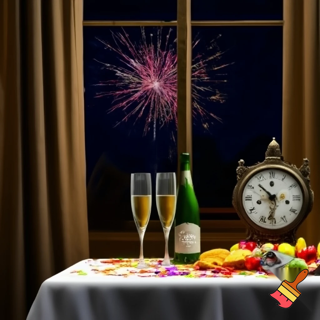 on the table a white tablecloth, two glasses of champagne, a bottle, hanging colorful paper streamers, confetti, snacks and fruit, next to it there is an old clock with numbers on the clock face, midnight hour, in the background there is a window with curtain and fireworks outside the window