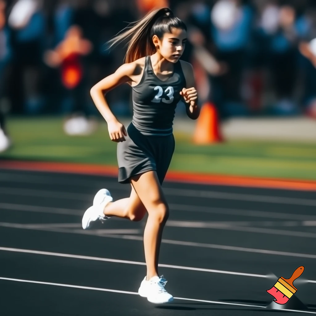 Jenna Ortega running at a school sports day, wearing a sport tank top with the number 23 on it, and some short sports shorts, and white trainers. Make her hair tied up in a ponytail. 
