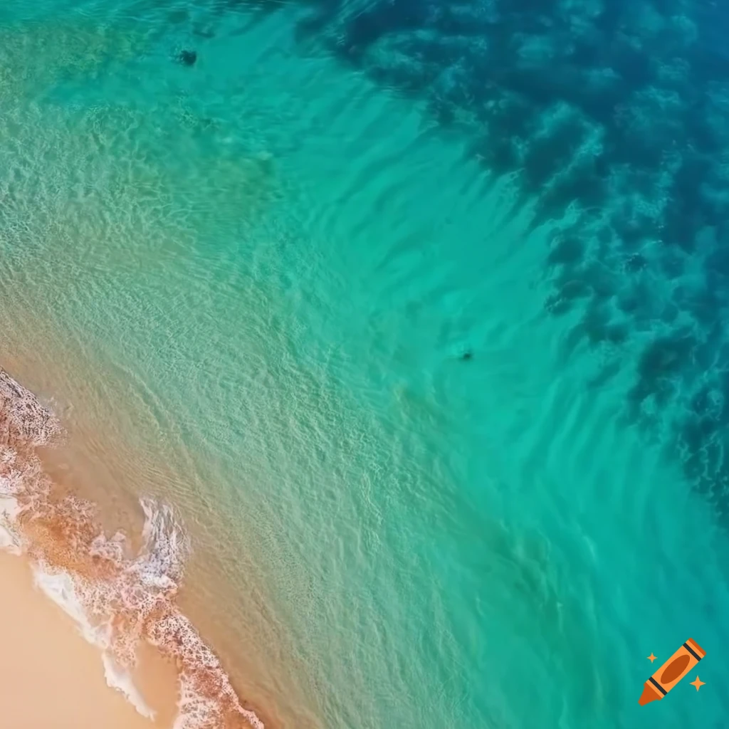 Aerial view of a sun-kissed beach with turquoise blue sea, horizonline near bottom of canvas