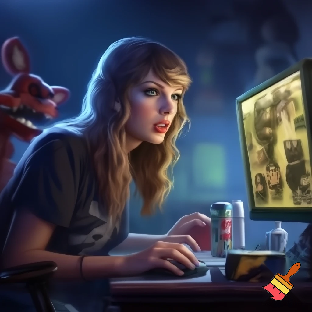 Taylor swift playing five nights at Freddy's pizzeria simulator. She is at her desktop playing the game