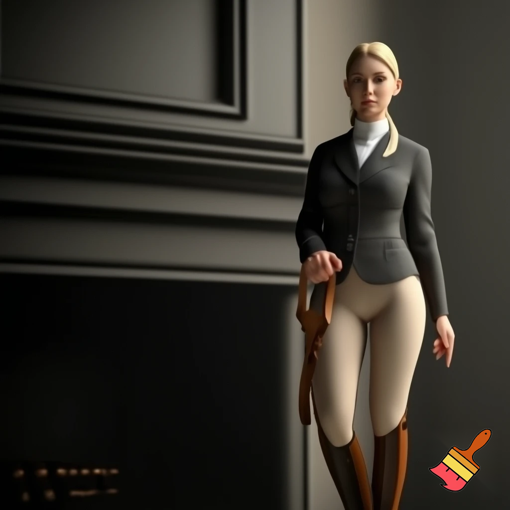 Masterpiece of the finest photo quality, a stern-looking, highly trained, very elegant 30 years equestrian woman with a slim, athletic build and blond hair and ponytail, dressed in a  tailor-made riding jacket, beige tight-fitting breeches and knee-high polished riding boots with high shaft , confidently standing next to the fireplace with a leather neck-yoke with leash in her hand , an elegant and refined atmosphere, soft natural light.8k 