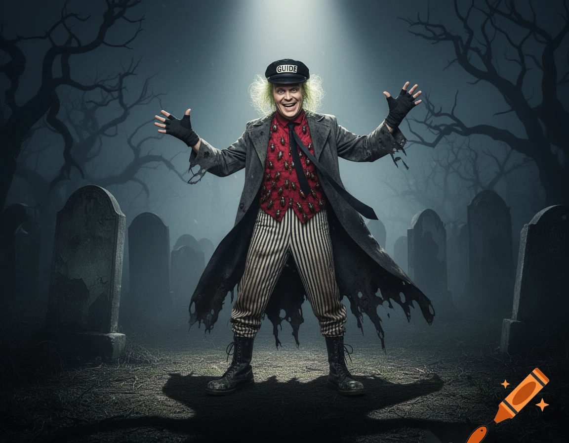 Beetlejuice wearing a dark taxi cap that has "GUIDE" written on the front, a red shirt covered with beetles, a black tie, a waistcoat with vertical black-&-white stripes, a long dark dirty torn Trench Coat, long black fingerless gloves, a black belt, pants with vertical black-&-white stripes, a pair of black Combat-style Beatle boots, standing in a graveyard, under a spotlight, with his arms outstretched.