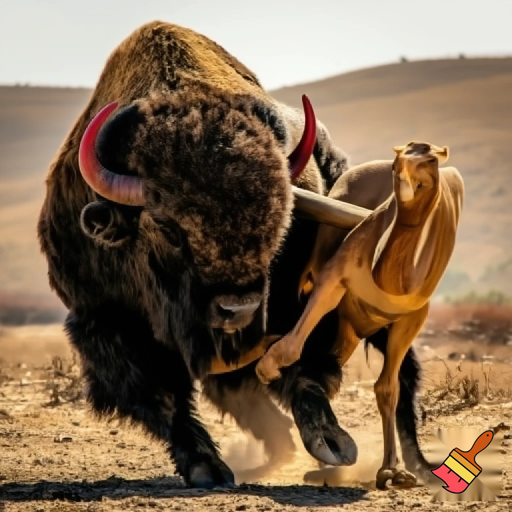 A prehistoric Sabretooth mega bison killing a camel