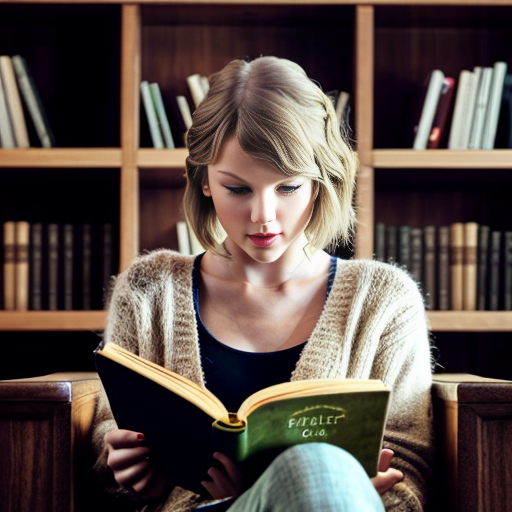 Generate an image of taylor swift reading a book in a cosy armchair in a small reading area with panelled wood bookshelves behind her. She is wearing the a cardigan and her hair is messy.