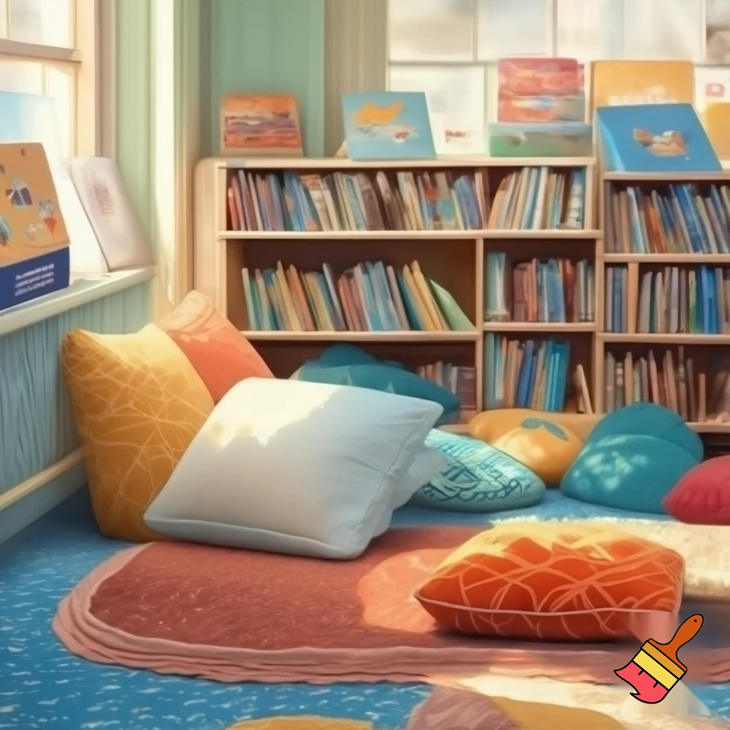 crea un aula con  Rincón de lectura: con alfombra, libros accesibles, cojines