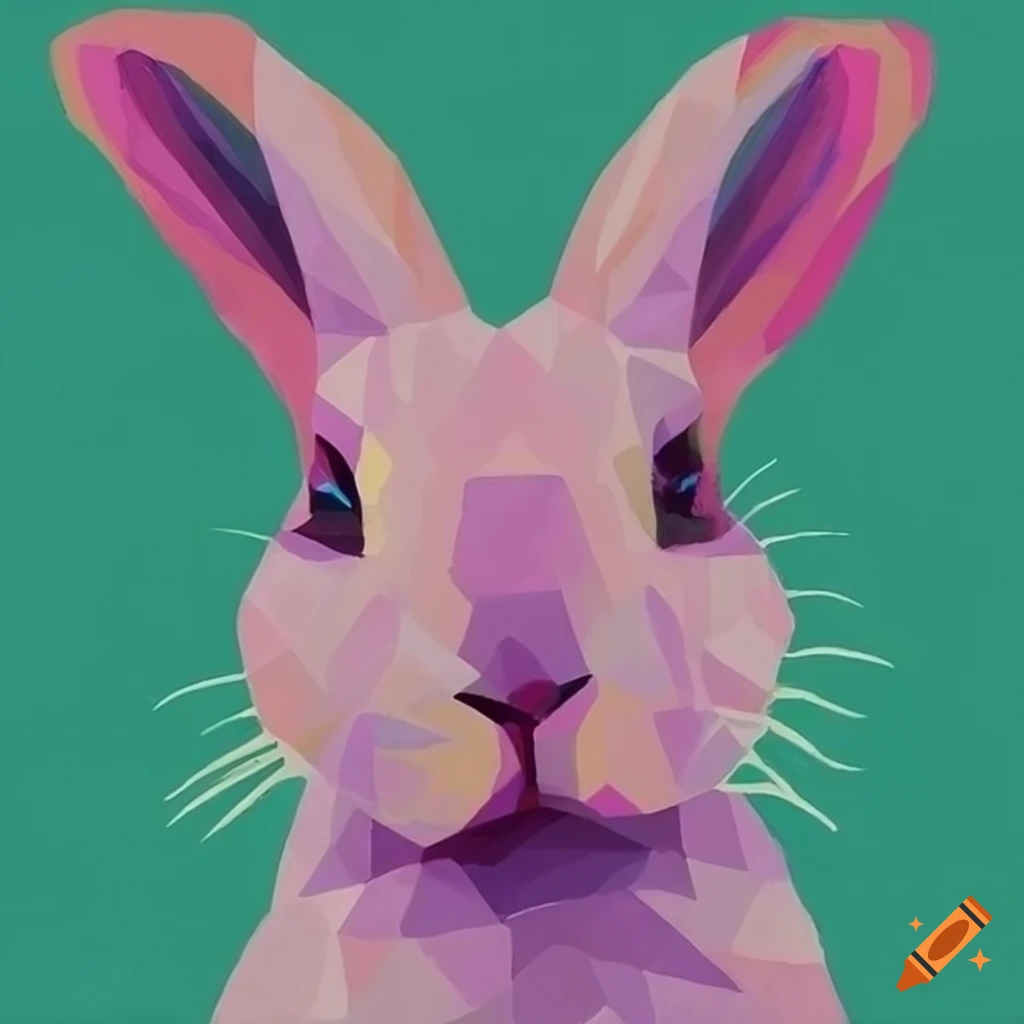 A colorful rabbit painting with geometric shapes and soft hues