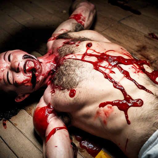 A gangster lifeless man body on floor, shirt pull into shirtless, opened wounded making exposed ribs and gore on center chest, blood bleeding mouth, both eyes closed.