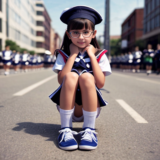 Cute adorable niña Chilindrina glasses con hair lazo con verano sailor uniforme escolar con zapatos negros escolar con calcetines blancos con sombrero sailor con caminar con desfile con ciudad 4