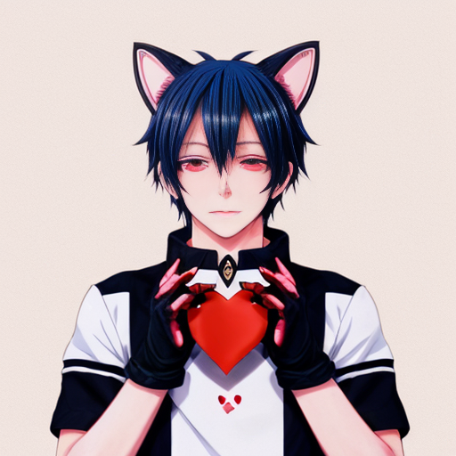 anime teenage boy with red eyes, black hair, white cat ears, a white shirt with a red love heart in the top right hand side, blue jeans, black gloves with one love heart per glove and a brown cat tail with a white stripe near the tip.