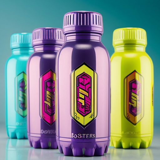 an energy drink bottle for boosterade  the bottle is blue yellow and pink
