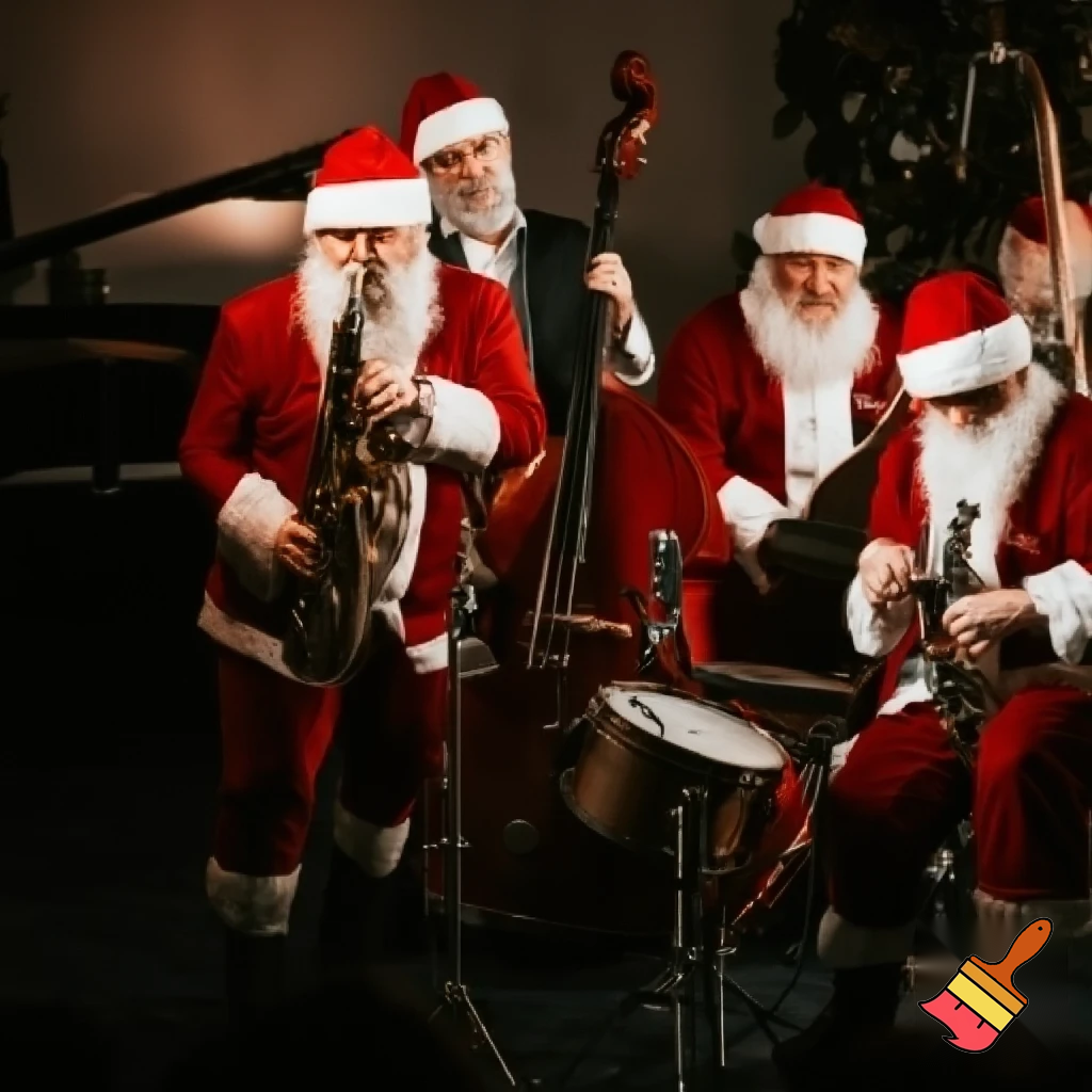 “Professional studio photo of a jazz band performing on stage, all musicians dressed in full Santa Claus costumes (red suits, white beards, hats). Warm cinematic lighting, Christmas decorations in the background, vintage microphones and instruments (saxophone, double bass, piano, drums). Atmosphere elegant, festive, stylish. Ultra-realistic, high-resolution, 16:9 composition.”
