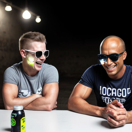 5 Jacked strong lean 20 year olds men wearing with bully clothes so cool and sunglasses and all of them are wearing white t shirt with dark blue jeans and they are all smiling and laughing in a dark room with party lights on (no one else in the room) (2010s color photo) (realistic photo with a slight shaky effect) and it looks like there is soda on the table. Some of them have buzzcuts and some of them look like david goggins (literally david goggins) and otjers just look normal