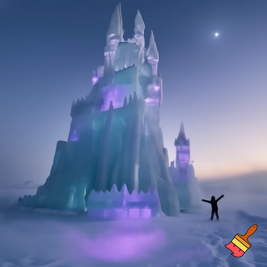a giant purple castle made of ice rising from the snowy ground, floating above it(in the distance) a silloughete of a boy with his hands outstretched, and his eyes glowing, as though he is ascending