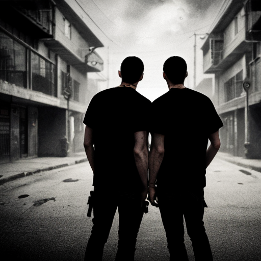 Two young adult brothers, slightly older than teenagers, standing back-to-back, looking forward in a gritty urban setting. They have North African features and wear casual, slightly worn street clothes. Each holds only one pistol, symbolically, representing strength, loyalty, and brotherhood. Stylized, semi-realistic illustration in black and white, cinematic lighting, moody and dramatic atmosphere. Iconic, emblem-like composition suitable for a clothing brand logo. Focus on attitude and symbolism, not realistic violence. Slightly exaggerated, graphic illustration style