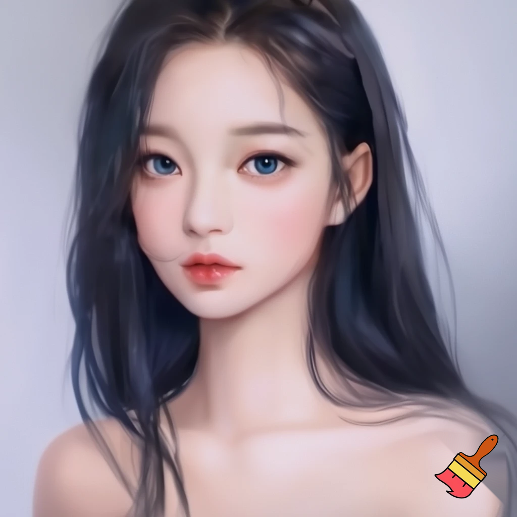 Female lead manhwa long black straight hair , ocean blue eyes, white skin ,red lips no lighting and no make up