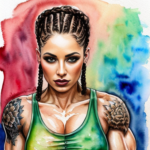 Muscle women  dark red cornrows dark green eyes tattoos