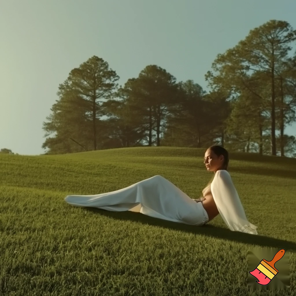 A hiperrealistic editorial image for an adult fiction novel cover modern women-nerd without clothes in hat view below all bodie .A solitary figure stands on a vast, rolling grassy hillside with Augusta National Pine trees in the background. The person is dressed in light-white clothing, creating a subtle contrast