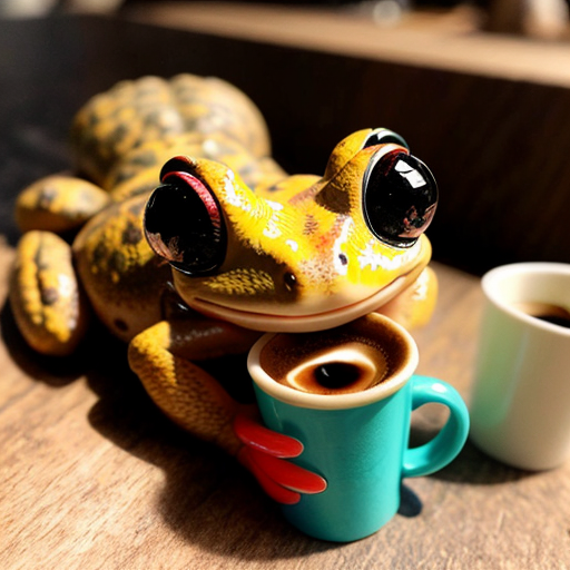 A hillarious, funny boho toad with some hippie colored coffee cups. Psychedelic decorated background, hyperrealistic. Close-up view.