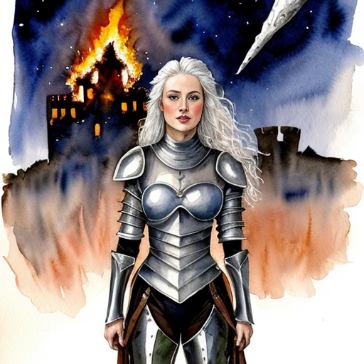 young, tall, white-haired woman in armor stands in front of a burning castle into which meteorites are falling.